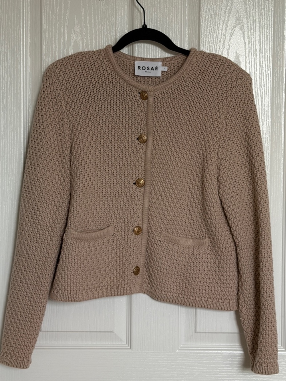 Rosae Paris - Chunky Knit Crewneck Cardigan Sweater in Beige with Gold Buttons - Picture 3 of 7